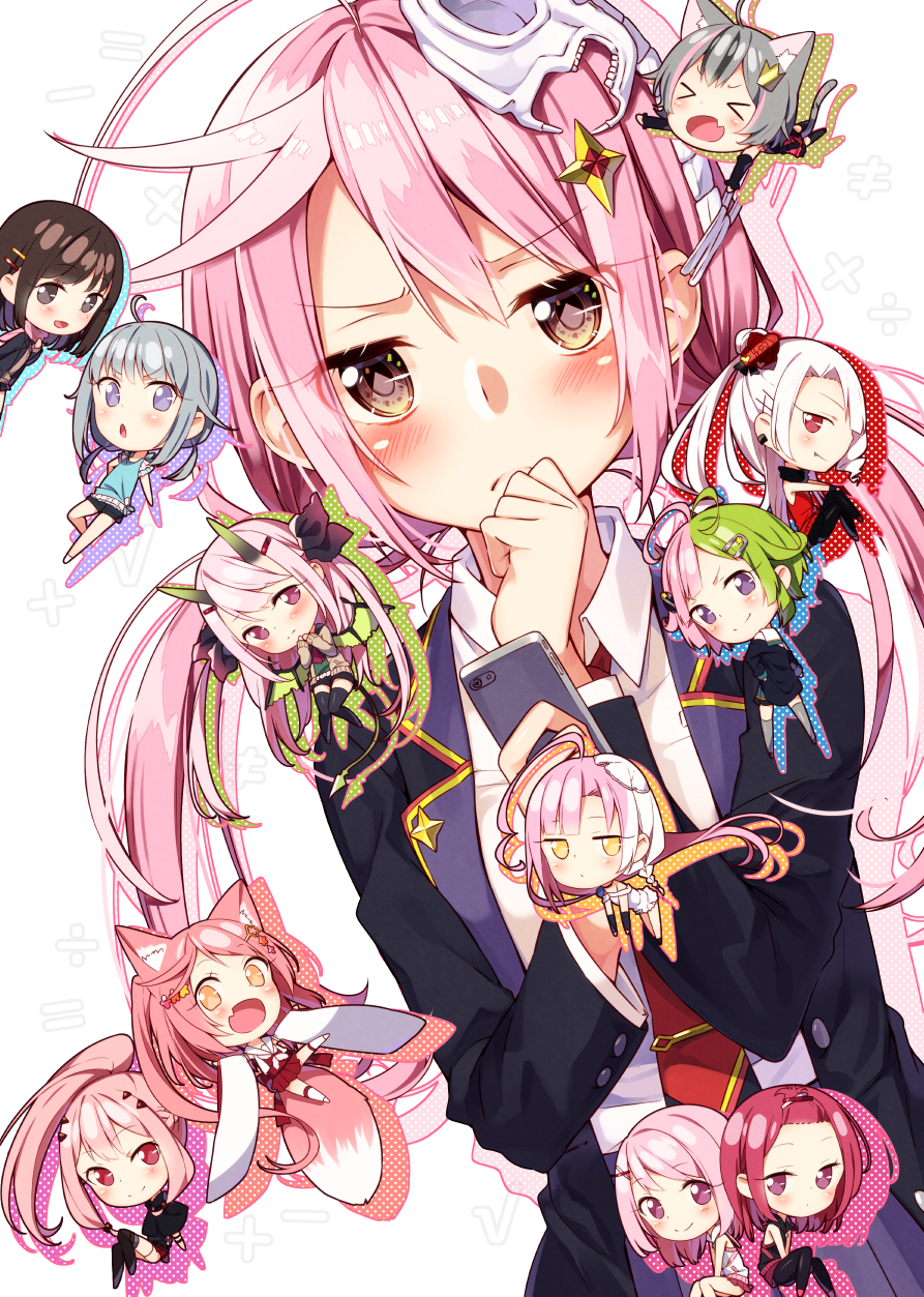 >_<, 6+girls, :d, ahoge, aikawa_sora, animal_ears, antenna_hair, between_legs