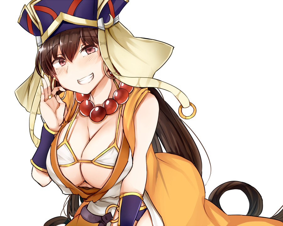 1girl, beads, bikini, blush, breasts, brown_eyes, brown_hair, cleavage, cowboy_shot, earrings, fate_(series), hair_between_eyes, hat, jewelry, jirou_(tamaho39), large_breasts, long_hair, looking_at_viewer, necklace, prayer_beads, revealing_clothes, ring, smile, solo, swimsuit, xuanzang_(fate/grand_order)