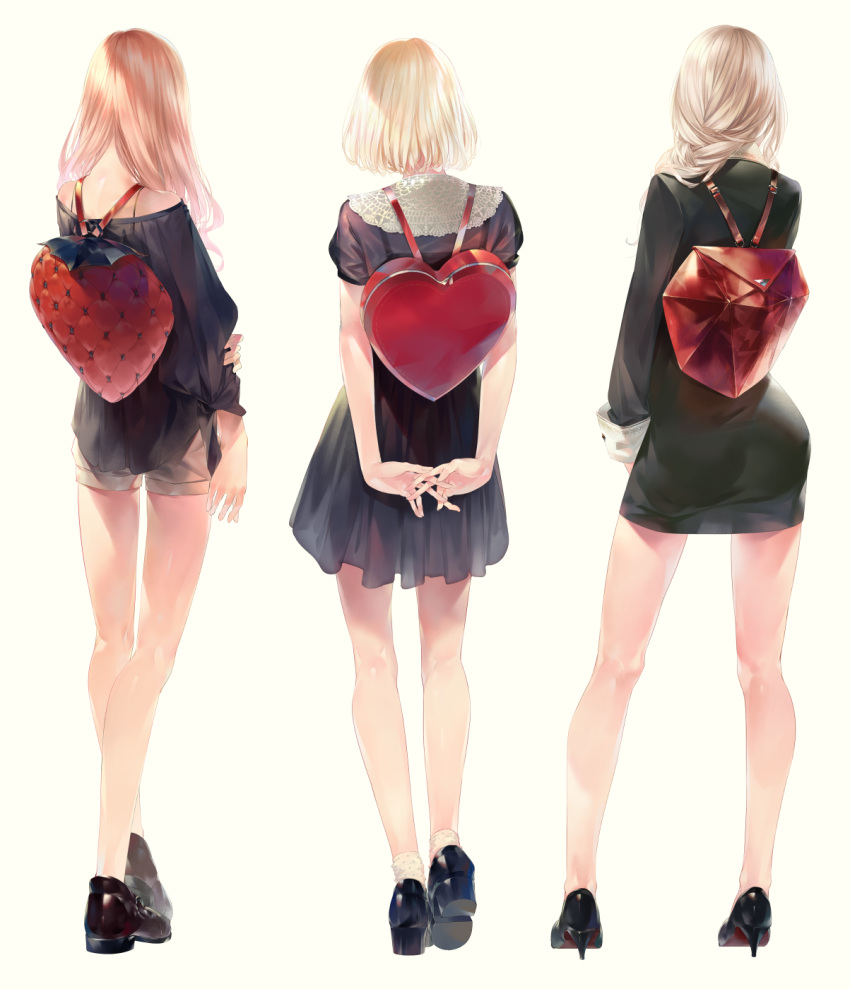 1girl, 3girls, arms_behind_back, ass, backpack, bag, bare_arms, bare_legs
