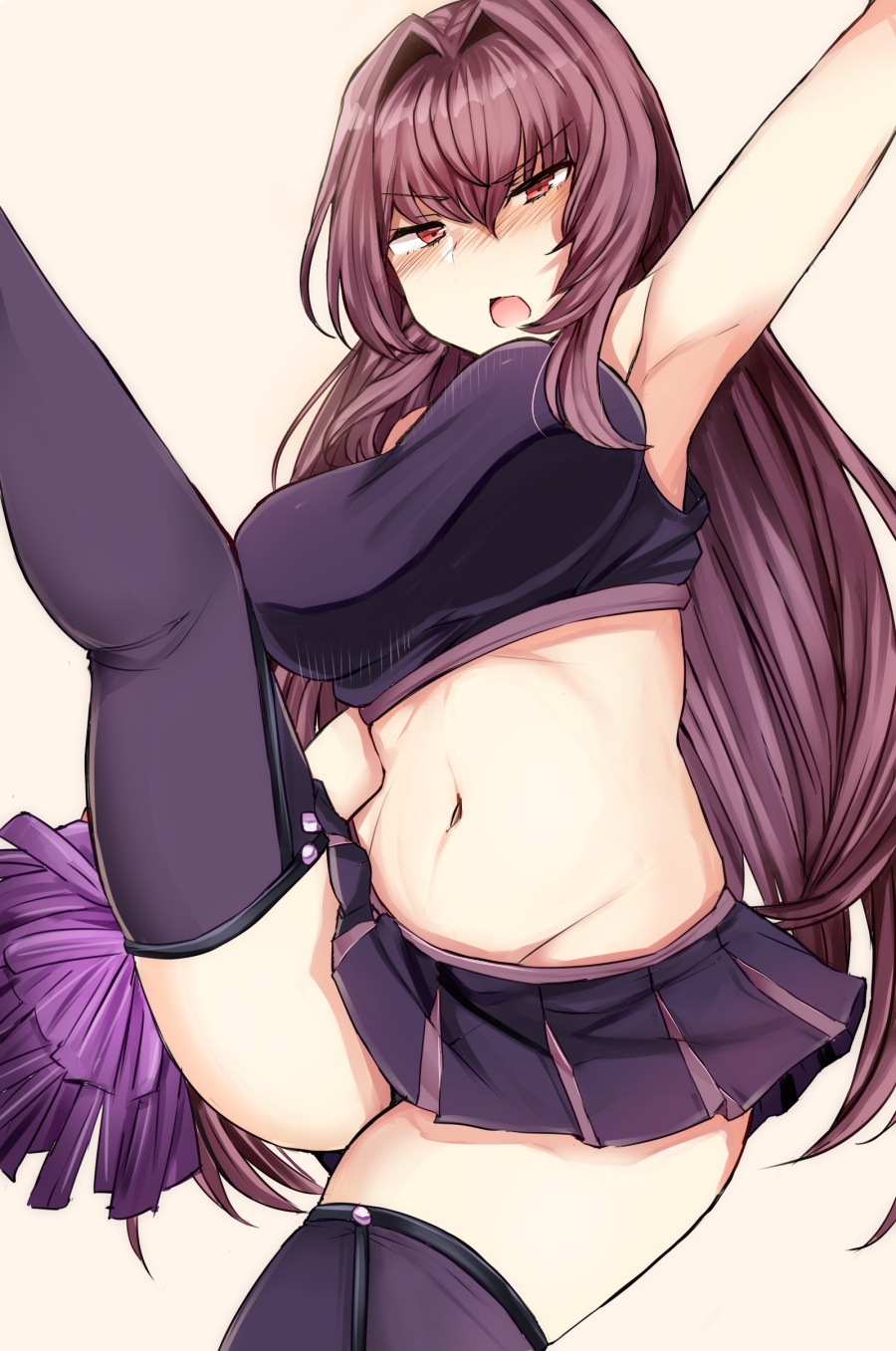 1girl, armpits, blush, breasts, cheerleader, fate/grand_order, fate_(series), highres, jirou_(tamaho39), large_breasts, midriff, miniskirt, navel, open_mouth, pleated_skirt, pom_poms, purple_hair, purple_legwear, red_eyes, scathach_(fate/grand_order), simple_background, skirt, solo, thigh-highs