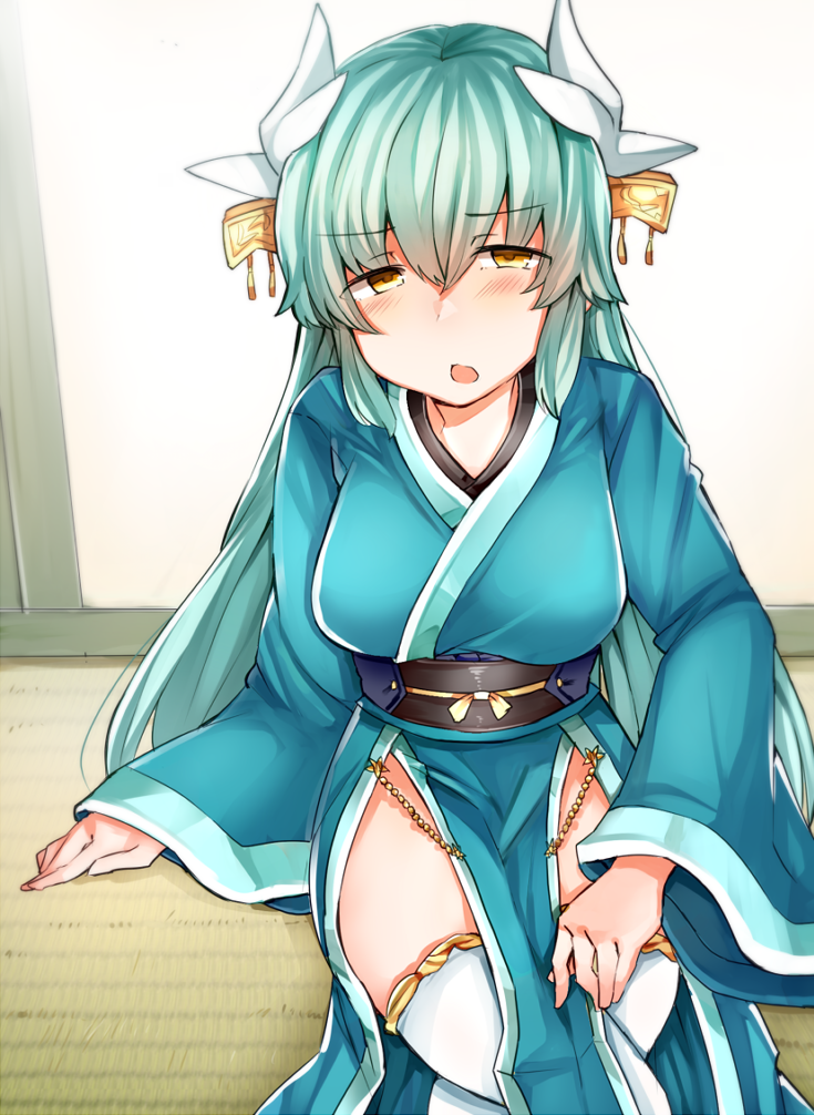 1girl, dragon_girl, dragon_horns, fate/grand_order, fate_(series), green_hair, horns, japanese_clothes