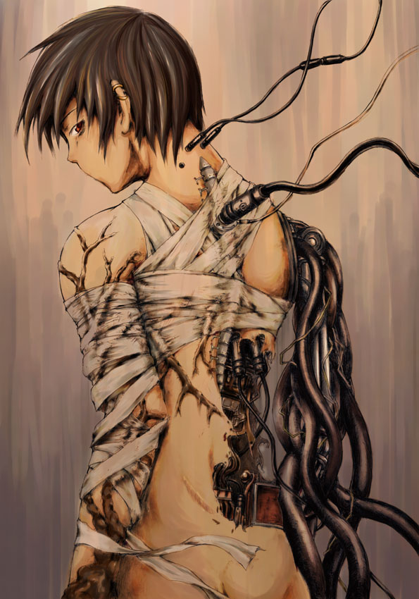 bandage, bandages, brown_hair, cable, cables, cyborg, damage, damaged