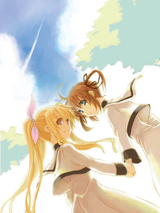 blue_eyes, brown_hair, cos, cosmic_(crownclowncosmic), fate_testarossa, hand_holding, holding_hands, mahou_shoujo_lyrical_nanoha