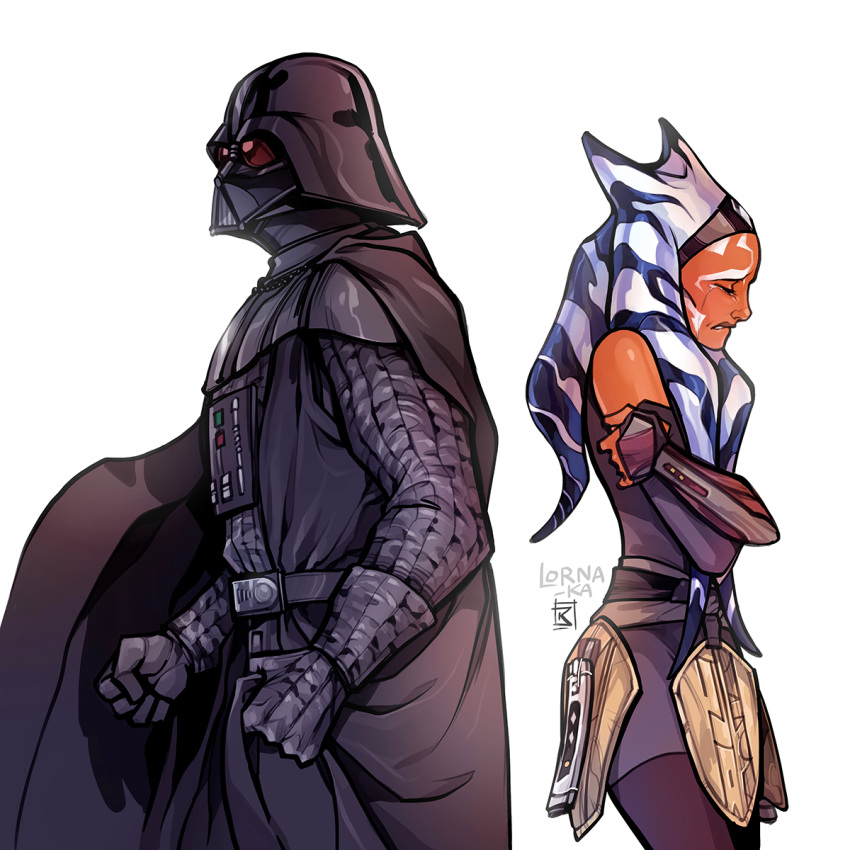 1boy, 1girl, ahsoka_tano, alien, arm_guards, armor, back-to-back, bad_end