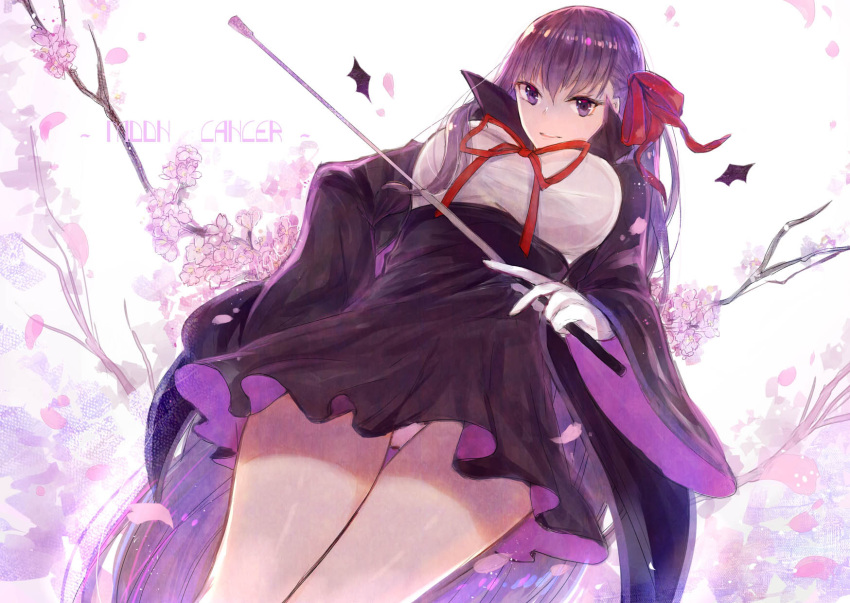 1girl, bangs, bb_(fate/extra_ccc), black_dress, breasts, cherry_blossoms, dress, fate/extra