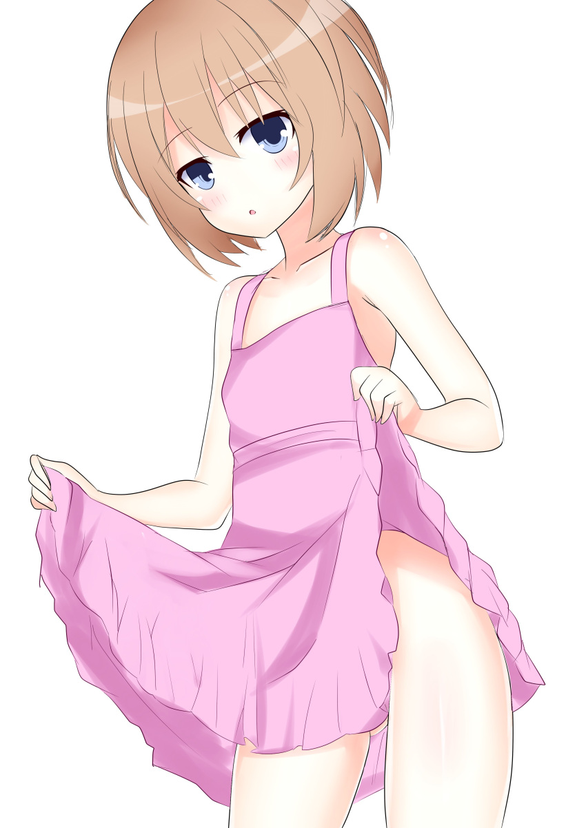 1girl, absurdres, apron, bare_shoulders, blanc, blue_eyes, blush, brown_hair