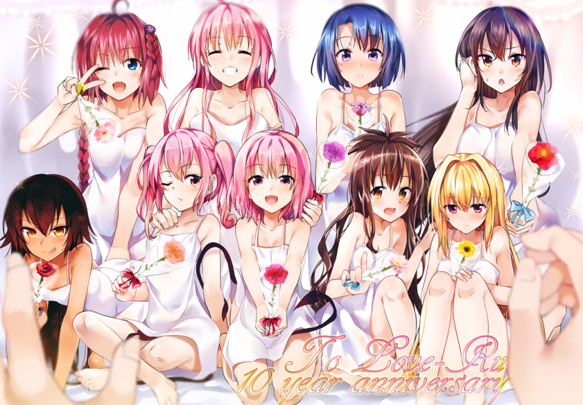 6+girls, :d, :p, ;d, ^_^, ahoge, all_fours, barefoot