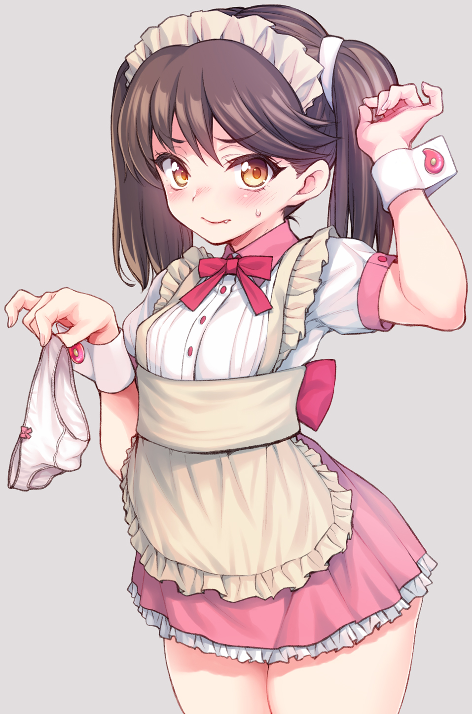 1girl, alternate_costume, apron, blush, breasts, brown_eyes, brown_hair, cowboy_shot