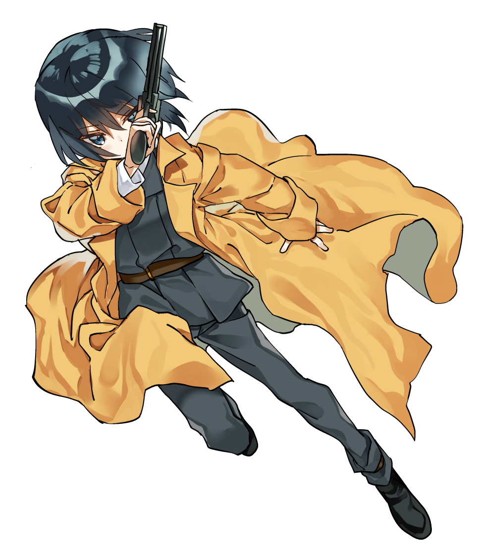 1girl, androgynous, belt, black_hair, coat, green_eyes, gun, handgun