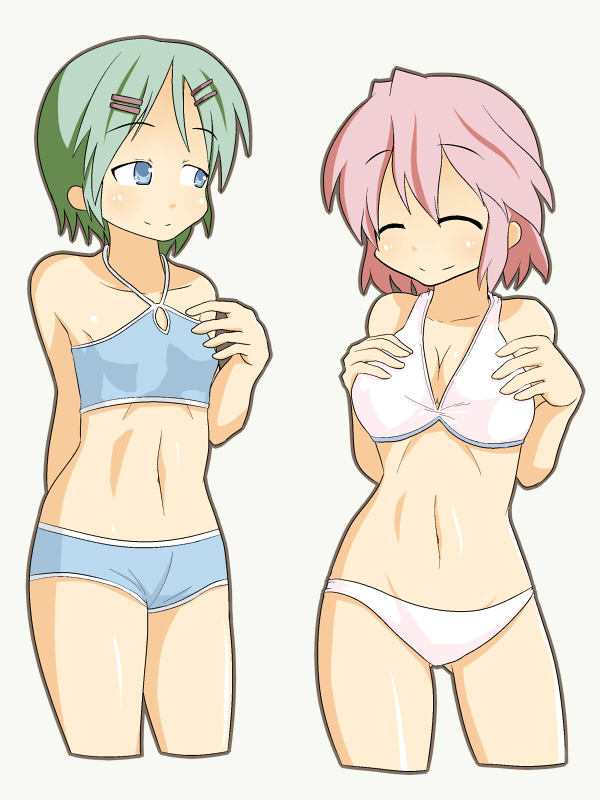 blue_eyes, closed_eyes, flat_chest, green_hair, hair_ornament, hairclip, happy, iwasaki_honoka, iwasaki_minami's_mother, lucky_star, pink_hair, shing_(sorairo_factory), shing_xiang_bei, short_hair, smile, swimsuit, takara_yukari