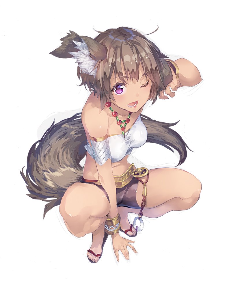animal_ears, arm_support, arm_up, armband, bare_legs, bracelet, brown_hair, dark_skin