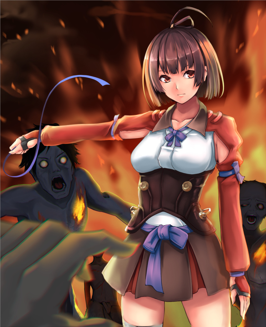 1girl, bangs, blue_ribbon, breasts, brown_eyes, brown_hair, choker, closed_mouth