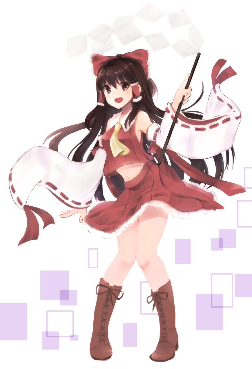 1girl, ascot, bare_shoulders, blush, boots, bow, breasts, brown_eyes