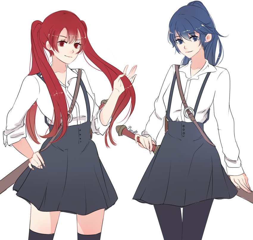 2girls, bag, black_legwear, blouse, blue_eyes, blue_hair, breasts, contemporary, cowboy_shot, fire_emblem, fire_emblem:_kakusei, flat_chest, hand_in_hair, hand_on_hilt, hand_on_hip, handbag, highres, long_hair, looking_at_viewer, lucina, multiple_girls, nana_(mizukas), overall_skirt, pantyhose, ponytail, red_eyes, redhead, selena_(fire_emblem), signature, simple_background, sleeves_rolled_up, smile, sword, thigh-highs, twintails, weapon, white_background, zettai_ryouiki