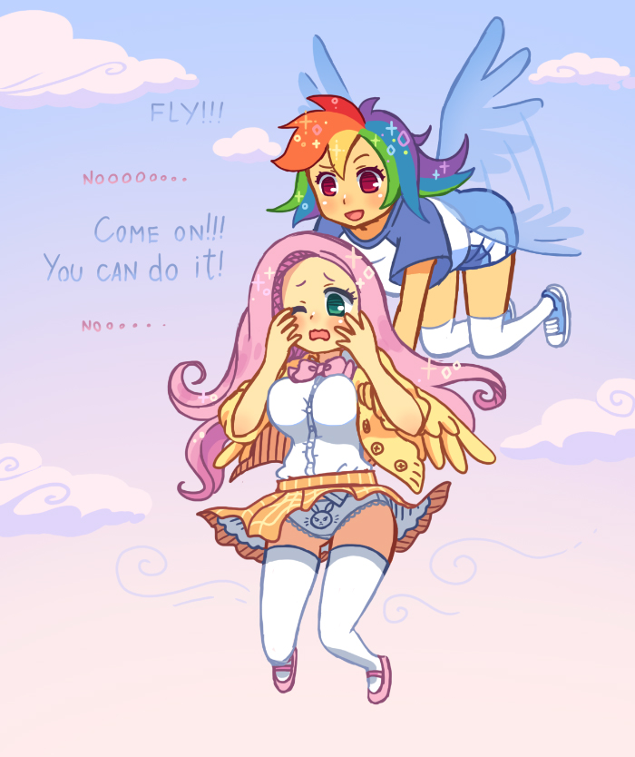 angel_(my_little_pony), animal_print, bangs, breasts, bunny_panties, bunny_print, cameo, clouds