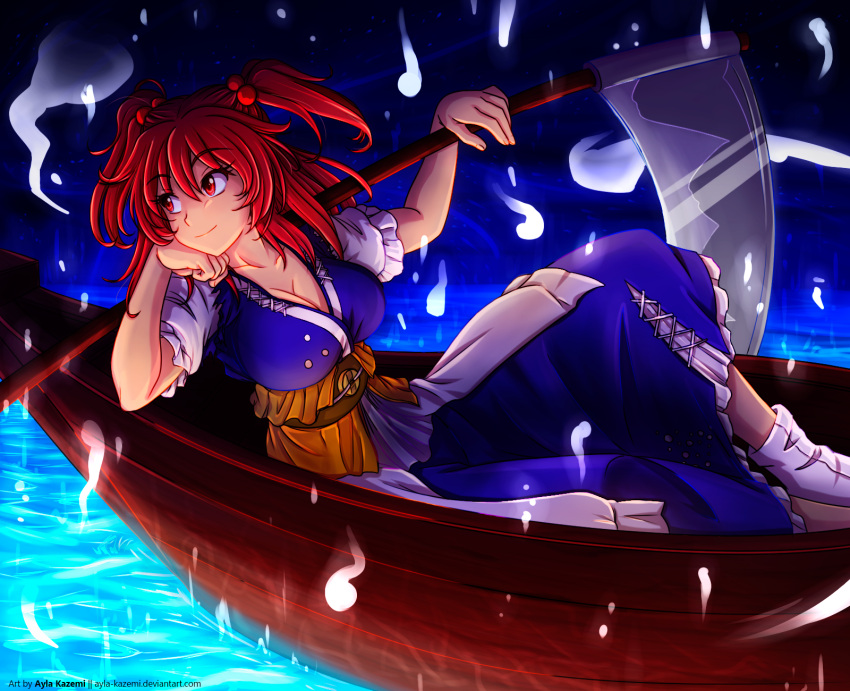 1girl, artist_name, ayla_kazemi, boat, breasts, cleavage, coin, dress, hair_bobbles, hair_ornament, highres, hitodama, large_breasts, looking_away, obi, onozuka_komachi, puffy_sleeves, red_eyes, redhead, sash, scythe, short_sleeves, sitting, smile, socks, solo, touhou, two_side_up, water, watercraft, watermark, web_address, white_legwear