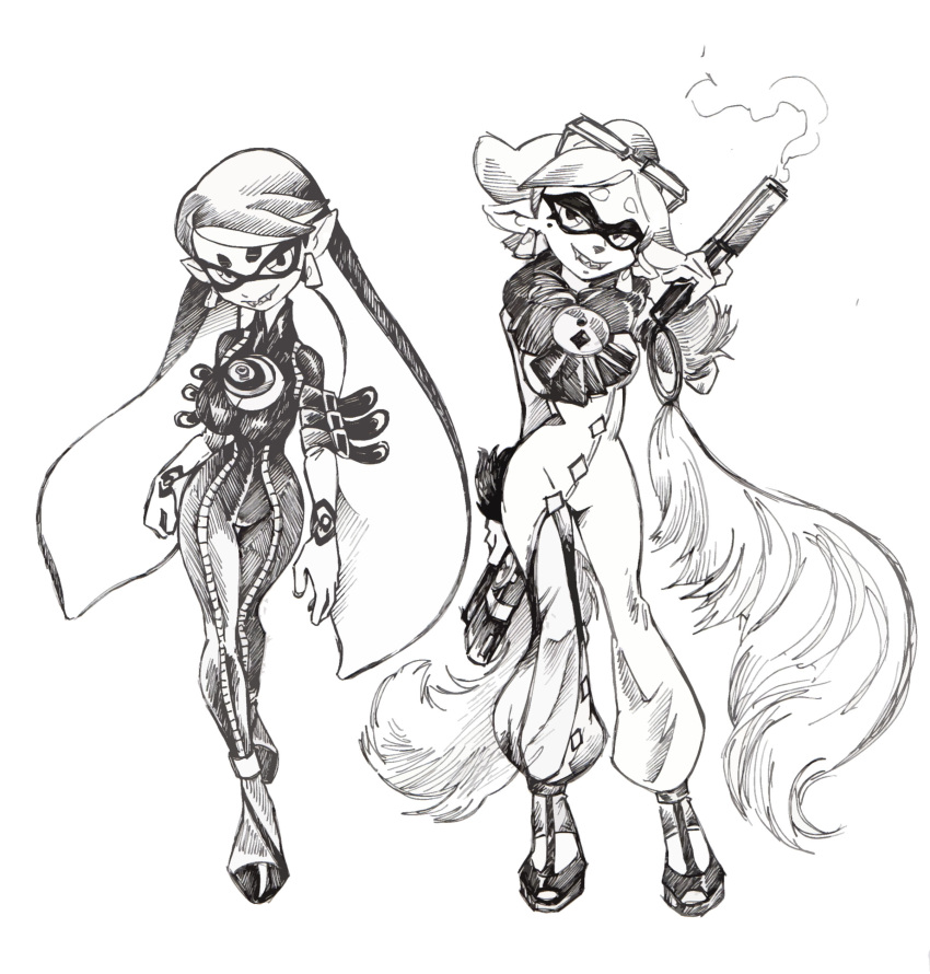 2girls, absurdres, bayonetta, bayonetta_(character), bayonetta_(cosplay), bodysuit, breasts, callie_(splatoon)