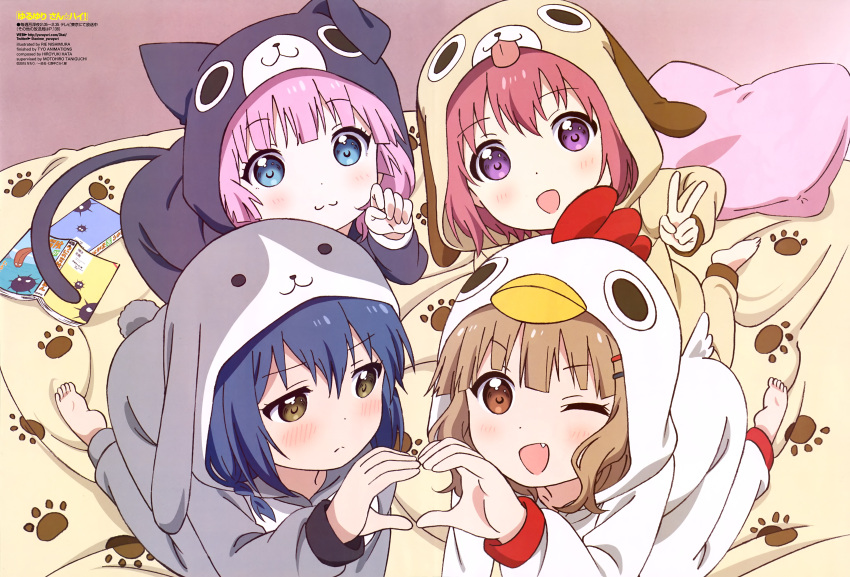 4girls, :3, :d, ;d, absurdres, akaza_akari, animal_costume, barefoot