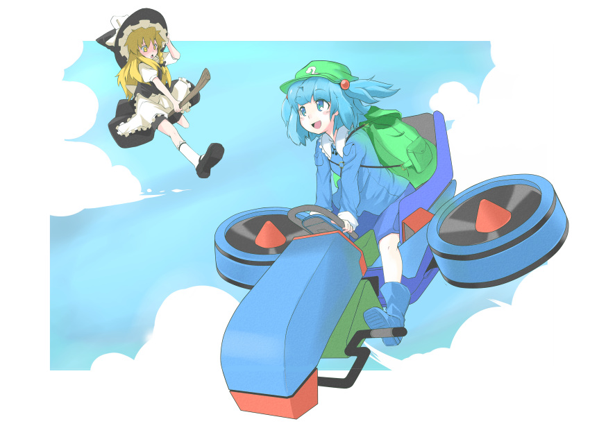 2girls, :d, akihikohex, backpack, bag, black_shoes, blonde_hair, blue_boots