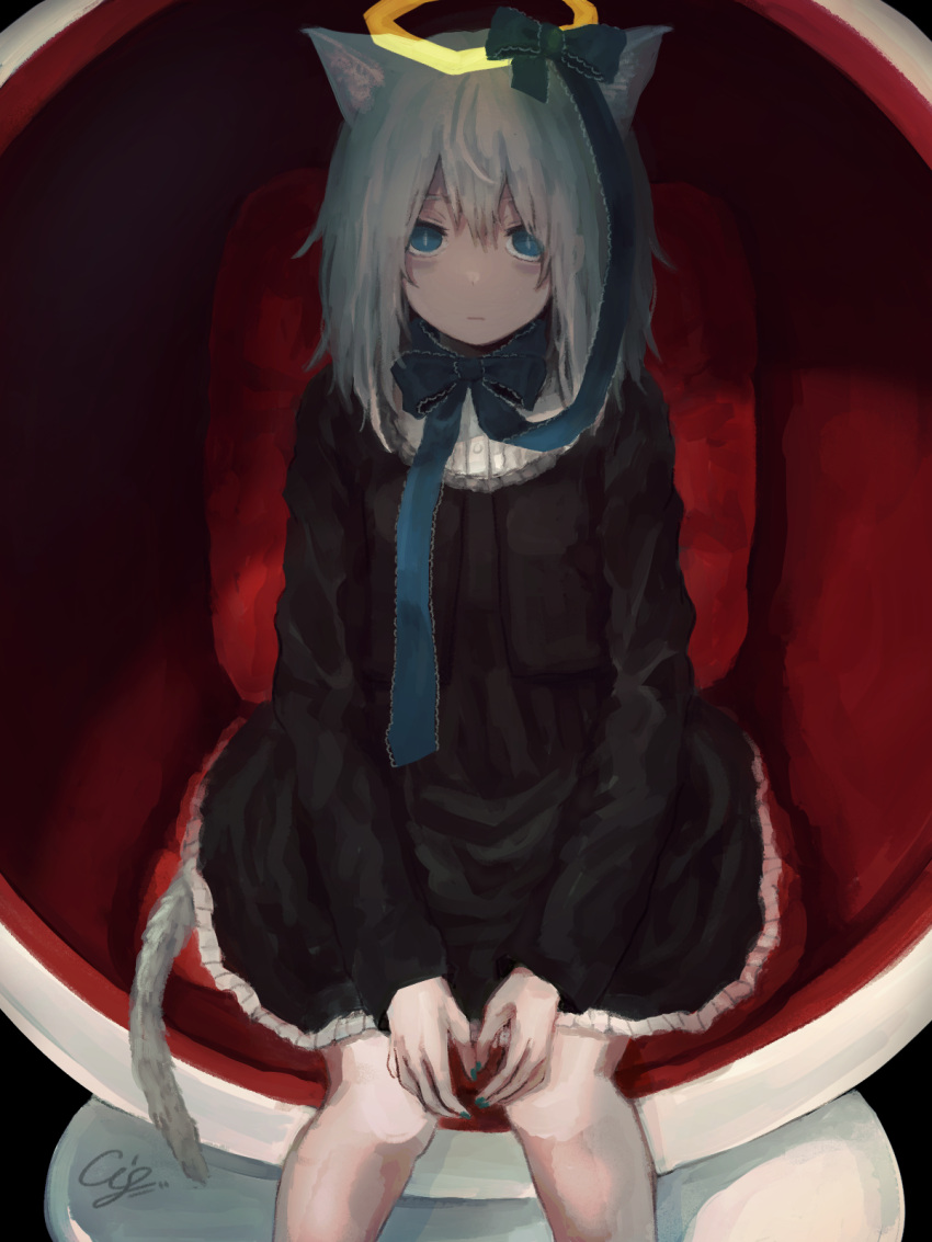 animal_ears, cat_ears, cat_tail, chair, cigatsuro, egg_chair, green_eyes, green_nails