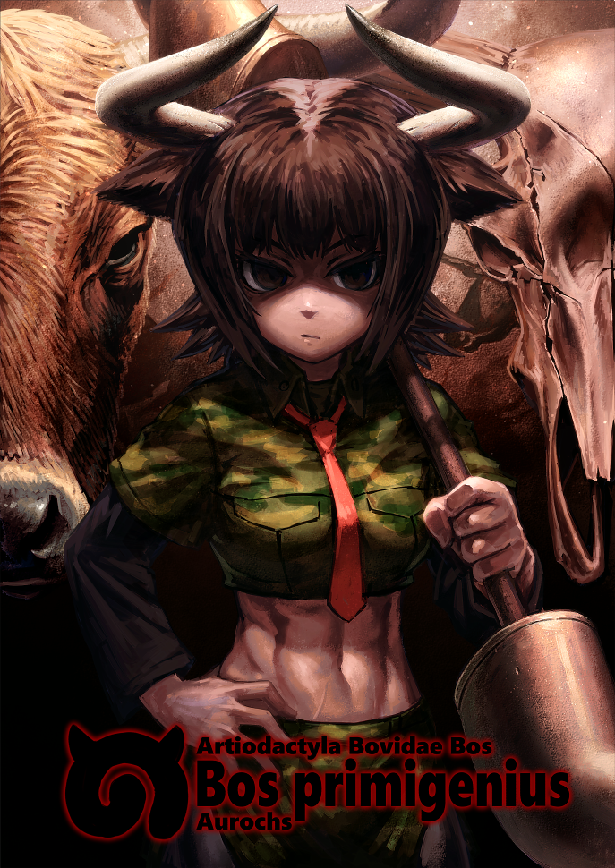 1girl, animal_ears, antlers, aurochs_(kemono_friends), glaring, horns, japari_symbol, kemono_friends, necktie, scull, shaded_face, shirt, short_hair, short_sleeves, skirt, weapon