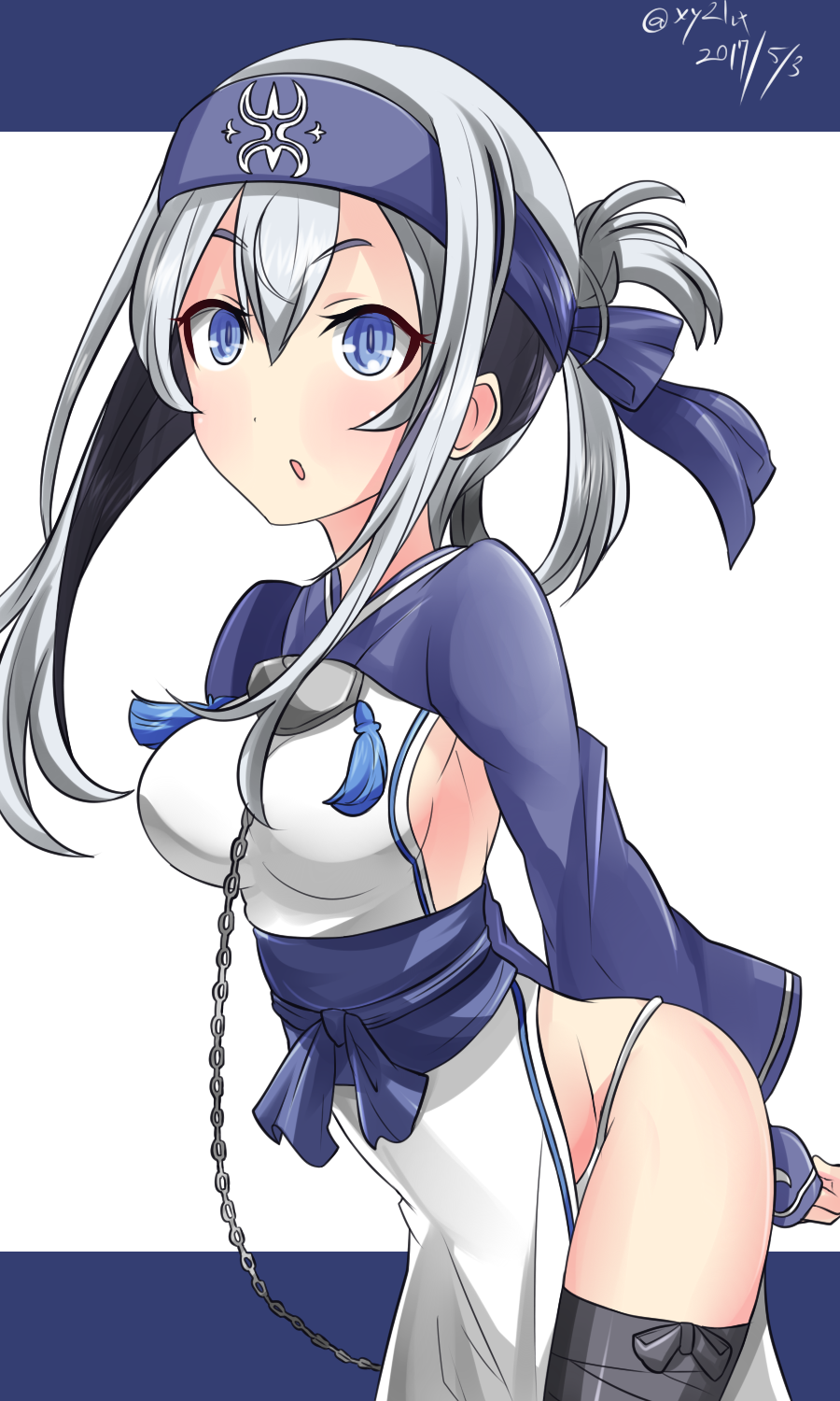 1girl, ainu, ainu_clothes, between_breasts, blue_eyes, breasts, hairband, hebi-dzukai, highres, kamoi_(kantai_collection), kantai_collection, seaplane_tender, white_hair