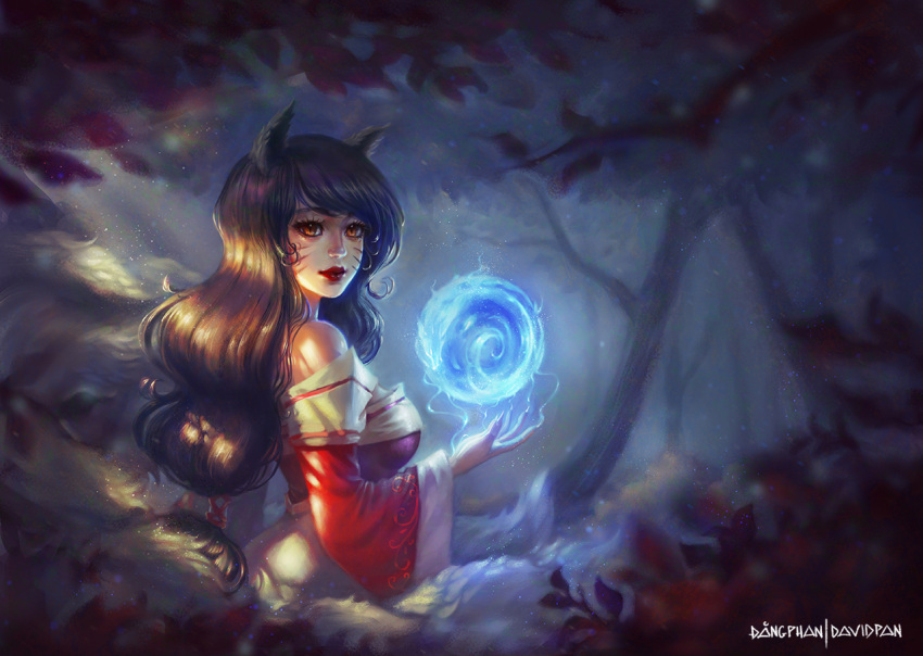 1girl, ahri, animal_ears, bare_shoulders, black_hair, breasts, brown_eyes, david_pan