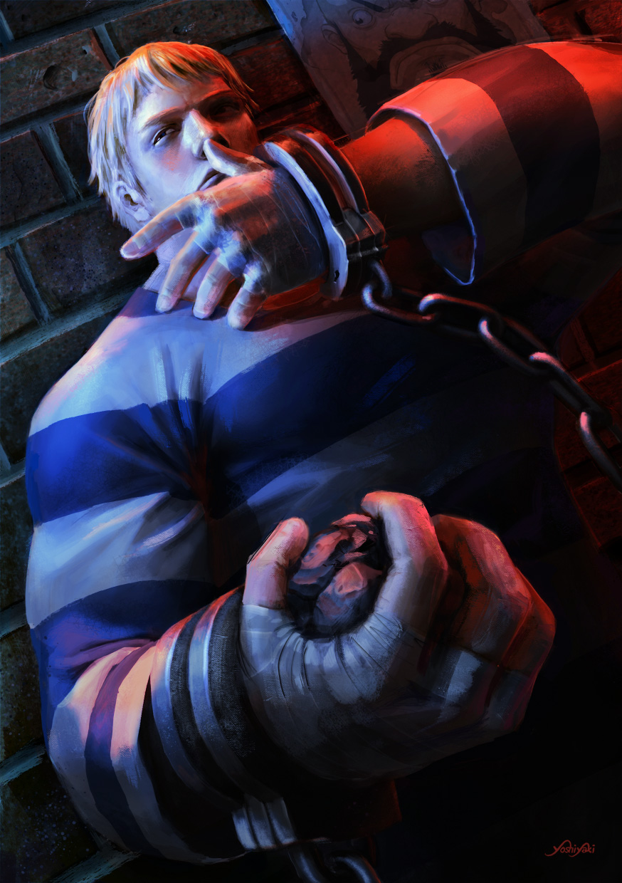 1boy, against_wall, bad_end, bandage, blonde_hair, brick_wall, cameo, cassio_yoshiyaki