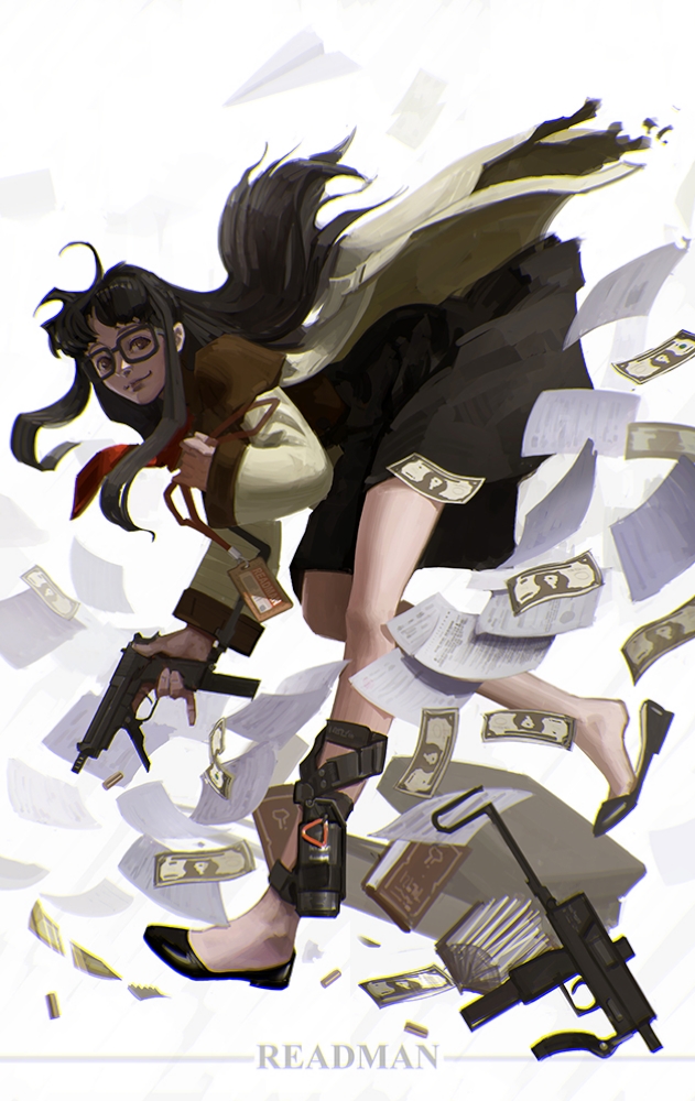 1girl, beretta_93r, black_hair, briefcase, dollar_bill, explosive, glasses, grenade, grenade_pin, gun, handgun, long_hair, mac-10, machine_pistol, no_socks, paper, qi_wu, read_or_die, shoe_dangle, skirt, smile, solo, submachine_gun, trigger_discipline, weapon, yomiko_readman