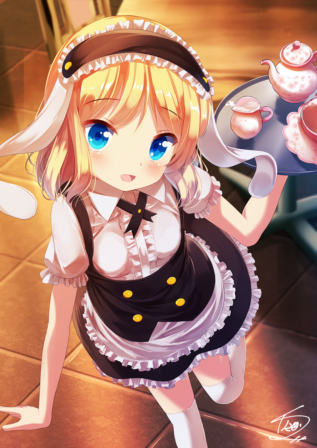 1girl, :d, animal_ears, apron, arm_up, bangs, black_skirt, blonde_hair