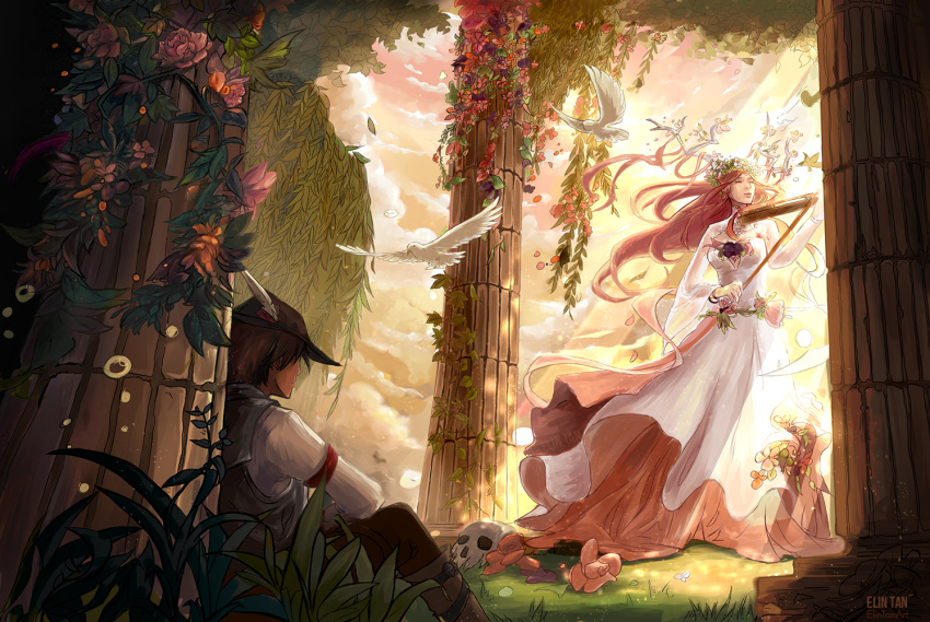 1boy, 1girl, antlers, artist_name, bird, boots, brown_boots, brown_hair, closed_eyes, clouds, column, dove, dress, earrings, elin_tan, facing_viewer, fantasy, flower, grass, hat, hat_feather, head_wreath, instrument, jewelry, long_hair, original, outdoors, pillar, pink_sky, pointy_ears, sitting, skull, sunlight, violin, watermark, white_dress