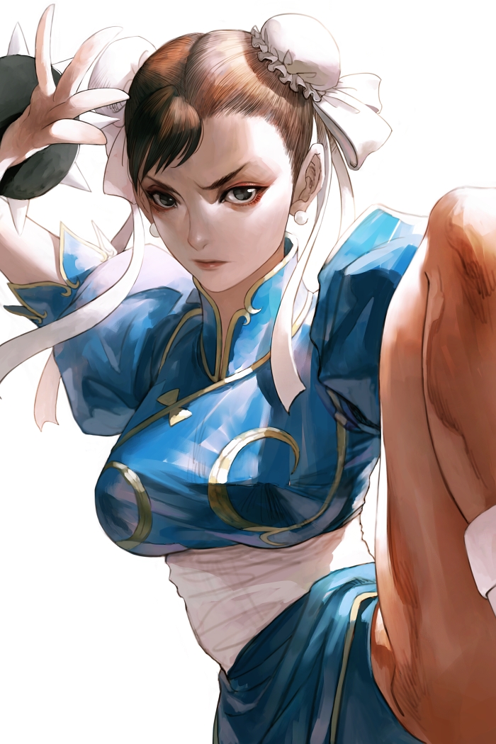 1girl, bracelet, bun_cover, china_dress, chinese_clothes, chun-li, double_bun, dress