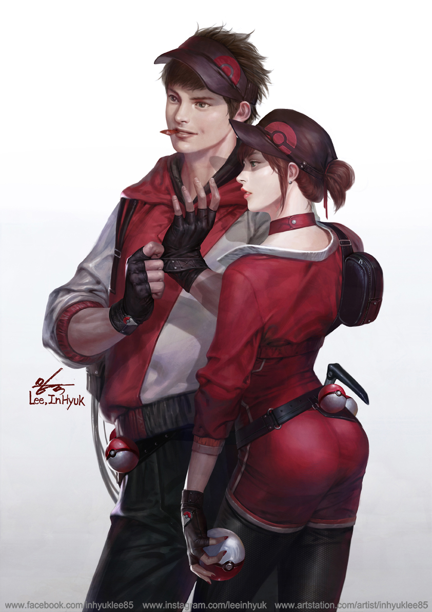 adjusting_clothes, adjusting_gloves, arched_back, artist_name, ass, baseball_cap, black_gloves, brown_eyes