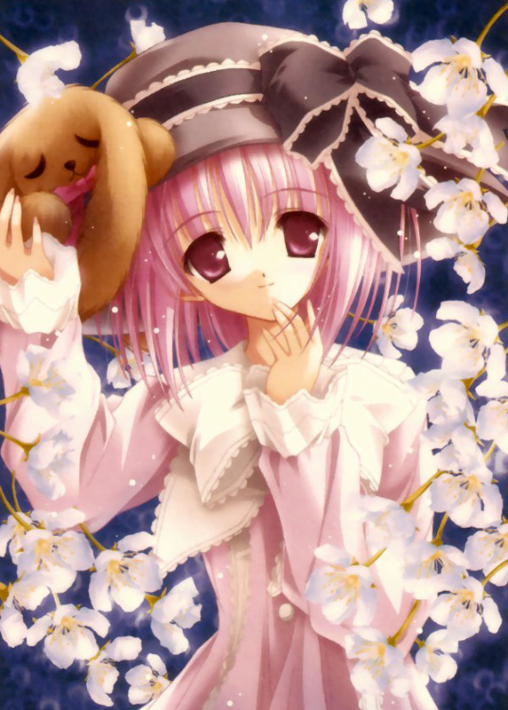 dog, dress, flower, happy, hat, lily_(cafe_little_wish), pink_eyes, pink_hair