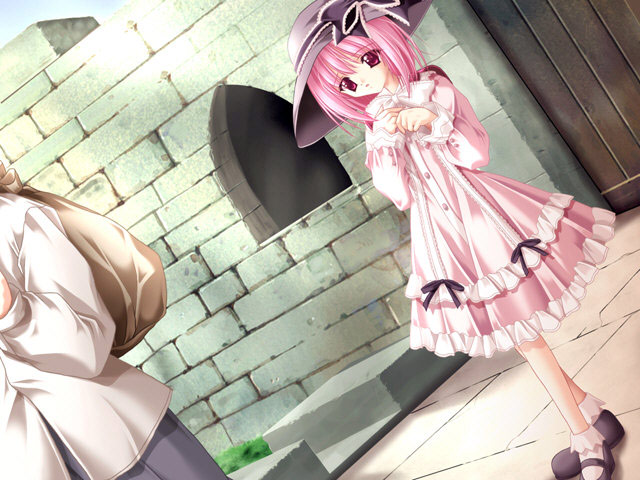 dress, game_cg, hat, lily_(cafe_little_wish), pink_dress, pink_hair, red_eyes, ribbon