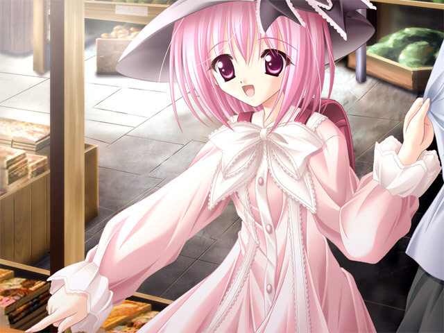 cafe_little_wish, dress, game_cg, happy, hat, lily_(cafe_little_wish), pink_dress, pink_eyes