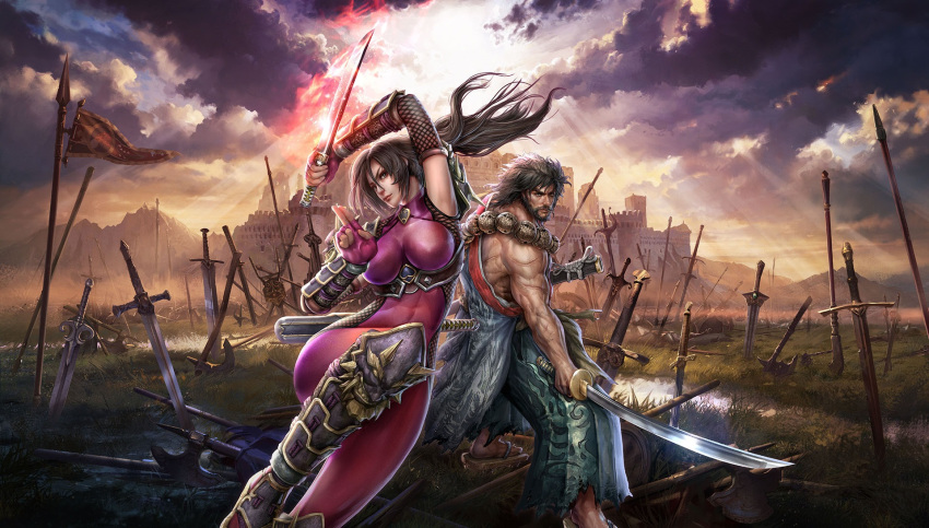 1boy, 1girl, bodysuit, breasts, brown_hair, erect_nipples, field_of_blades, highres