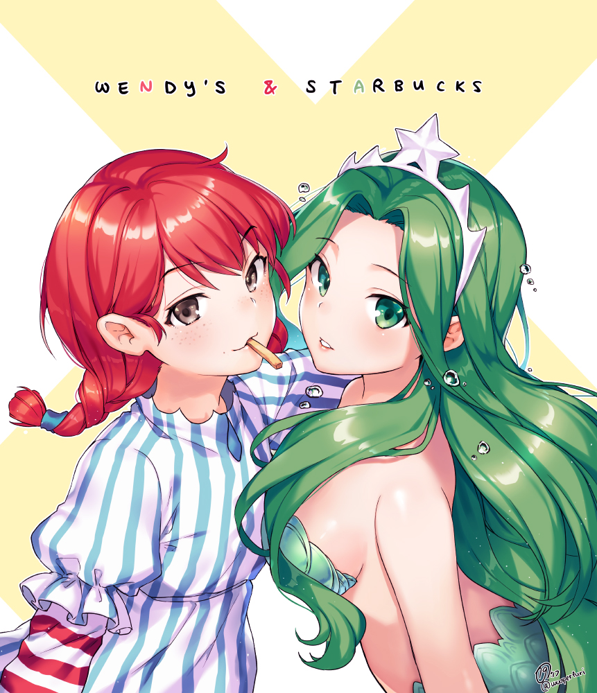 2girls, ahoge, bangs, bare_shoulders, blush, breasts, bubble, copyright_name