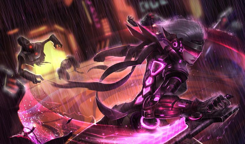 1girl, alternate_costume, alternate_hair_color, battle, cyberpunk, cyborg, fiora_laurent, glowing, glowing_sword, glowing_weapon, highres, league_of_legends, lips, metal_gear_(series), metal_gear_rising:_revengeance, neon_trim, parody, project:_fiora, rain, reverse_grip, robot, solo, visor, weapon, white_hair, yc_jun