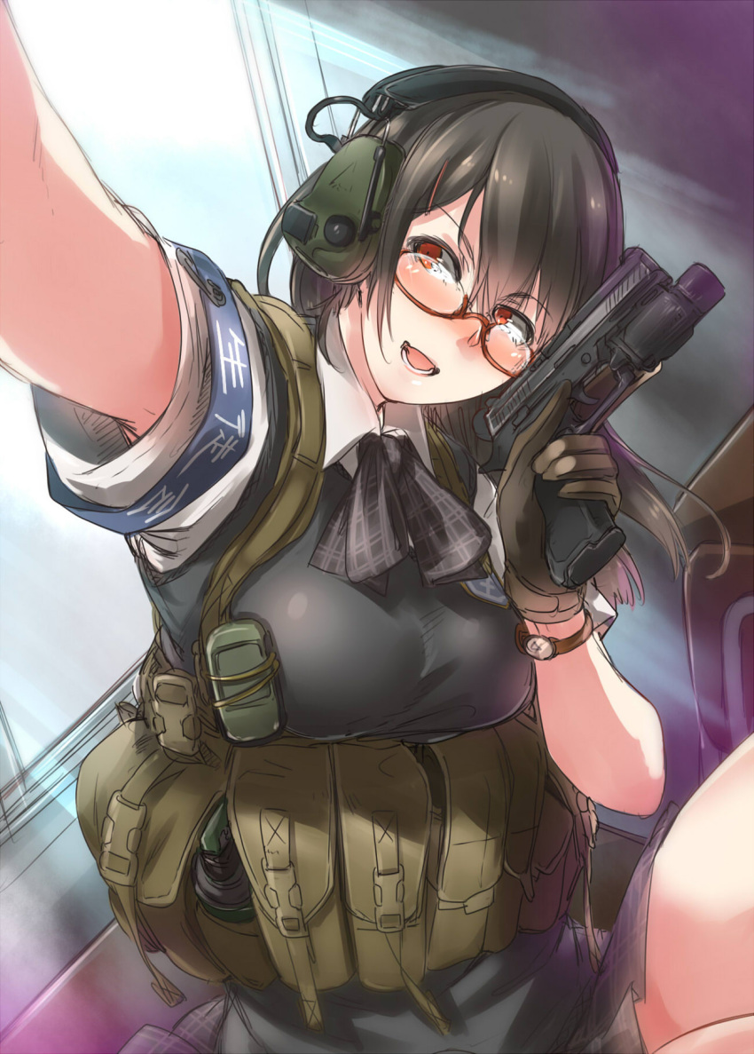 :d, armband, ayyh, blush, breasts, foreshortening, gloves, gun