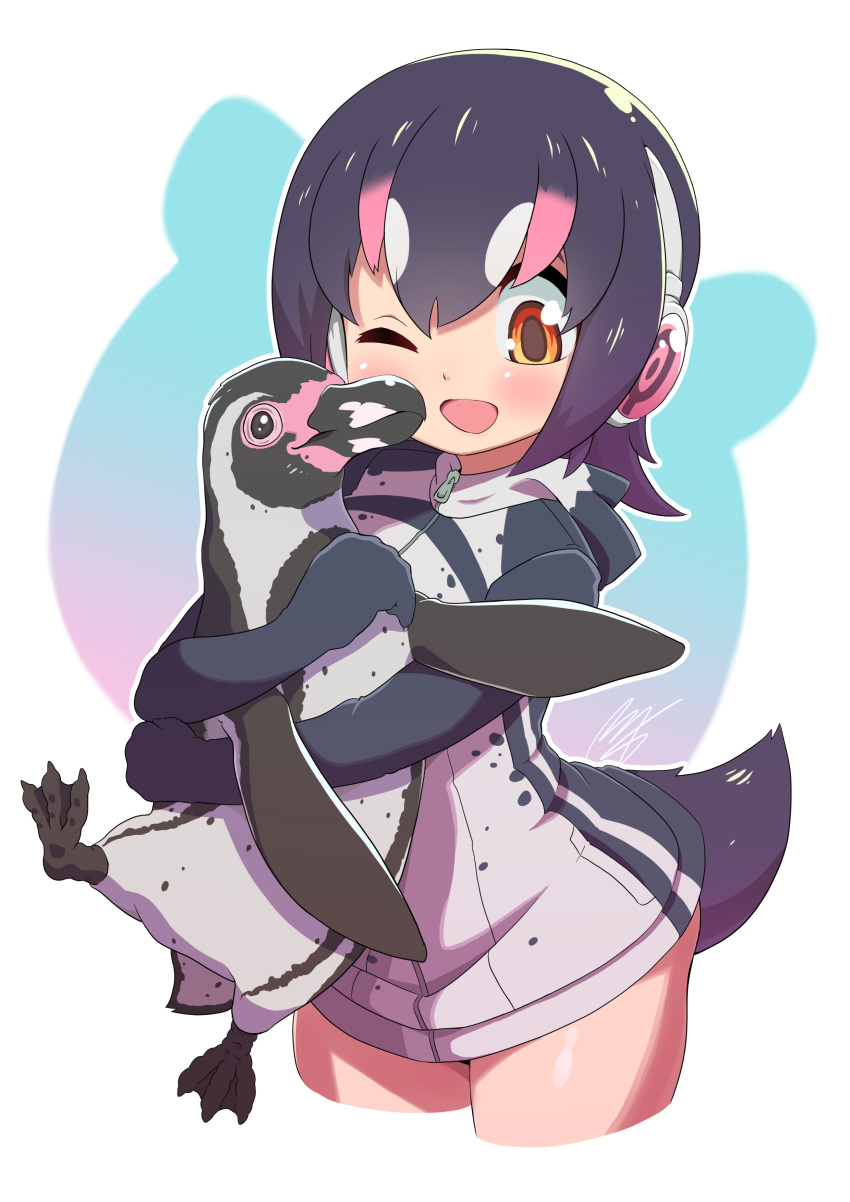1girl, ;d, absurdres, bird, black_hair, blush, grape-kun, happy