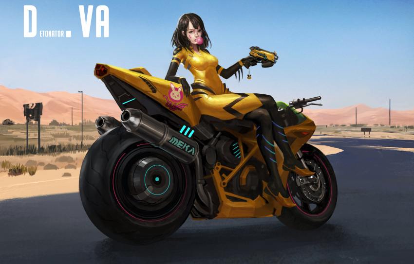1girl, alternate_costume, alternate_hairstyle, b.va_(overwatch), bodysuit, brown_hair, bubble_blowing, chewing_gum