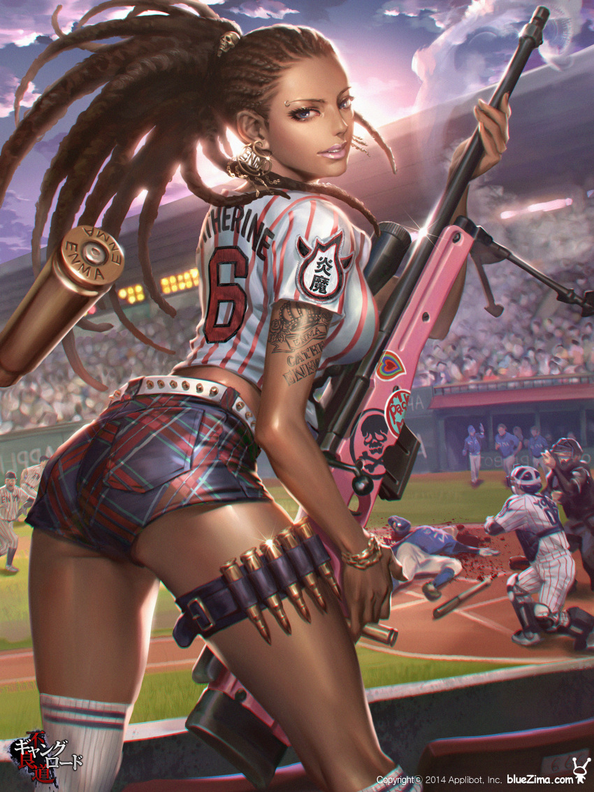 1girl, absurdres, ass, baseball_stadium, baseball_uniform, belt, blood, blue_eyes, bracelet, breasts, brown_hair, bullet, character_name, chromatic_aberration, commentary, copyright_request, dark_skin, death, dong-wook_shin, earrings, eyebrow_piercing, eyebrows, eyelashes, forehead, from_behind, gun, hairlocs, highres, jewelry, large_breasts, lips, lipstick, long_hair, looking_at_viewer, looking_back, makeup, mole, over-kneehighs, piercing, realistic, rifle, shell_casing, shorts, smoke, smoking_gun, sniper_rifle, solo, sportswear, striped, studded_belt, tattoo, thigh-highs, thigh_strap, vertical_stripes, very_dark_skin, weapon