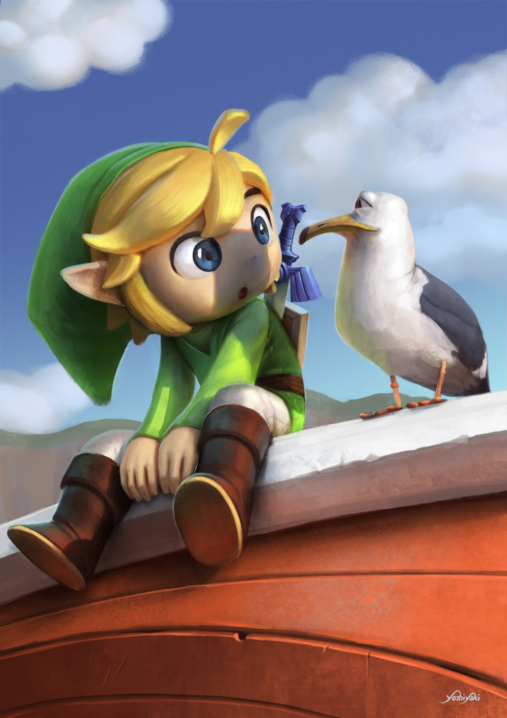 1boy, ahoge, bird, blonde_hair, blue_eyes, boots, cassio_yoshiyaki, clouds