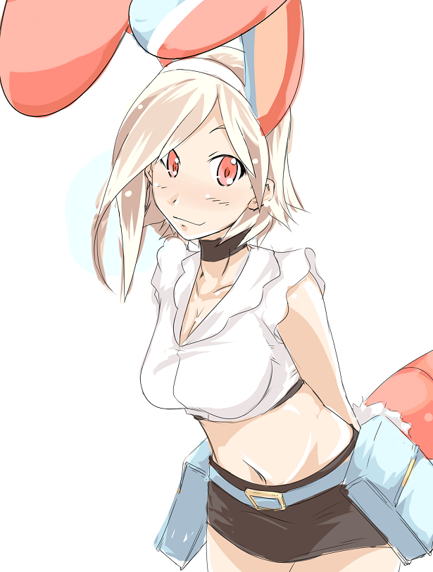 bunny_ears, choker, getsumento_heiki_miina, midriff, rabbit_ears, red_eyes, shorts, smile