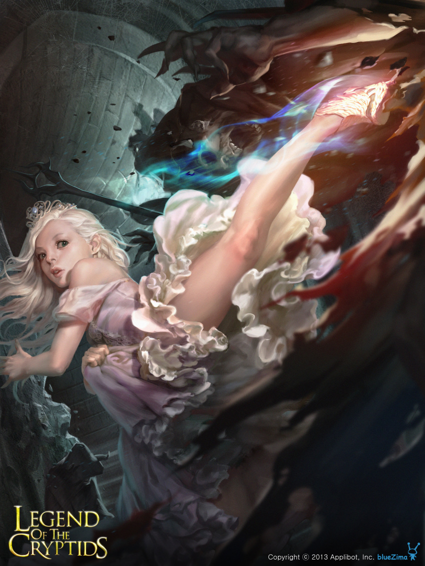 1girl, absurdres, battle, blonde_hair, blue_eyes, commentary, dong-wook_shin, dress