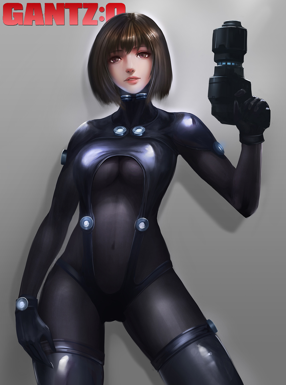 1girl, brown_eyes, brown_hair, contrapposto, covered_navel, gantz, gun, handgun