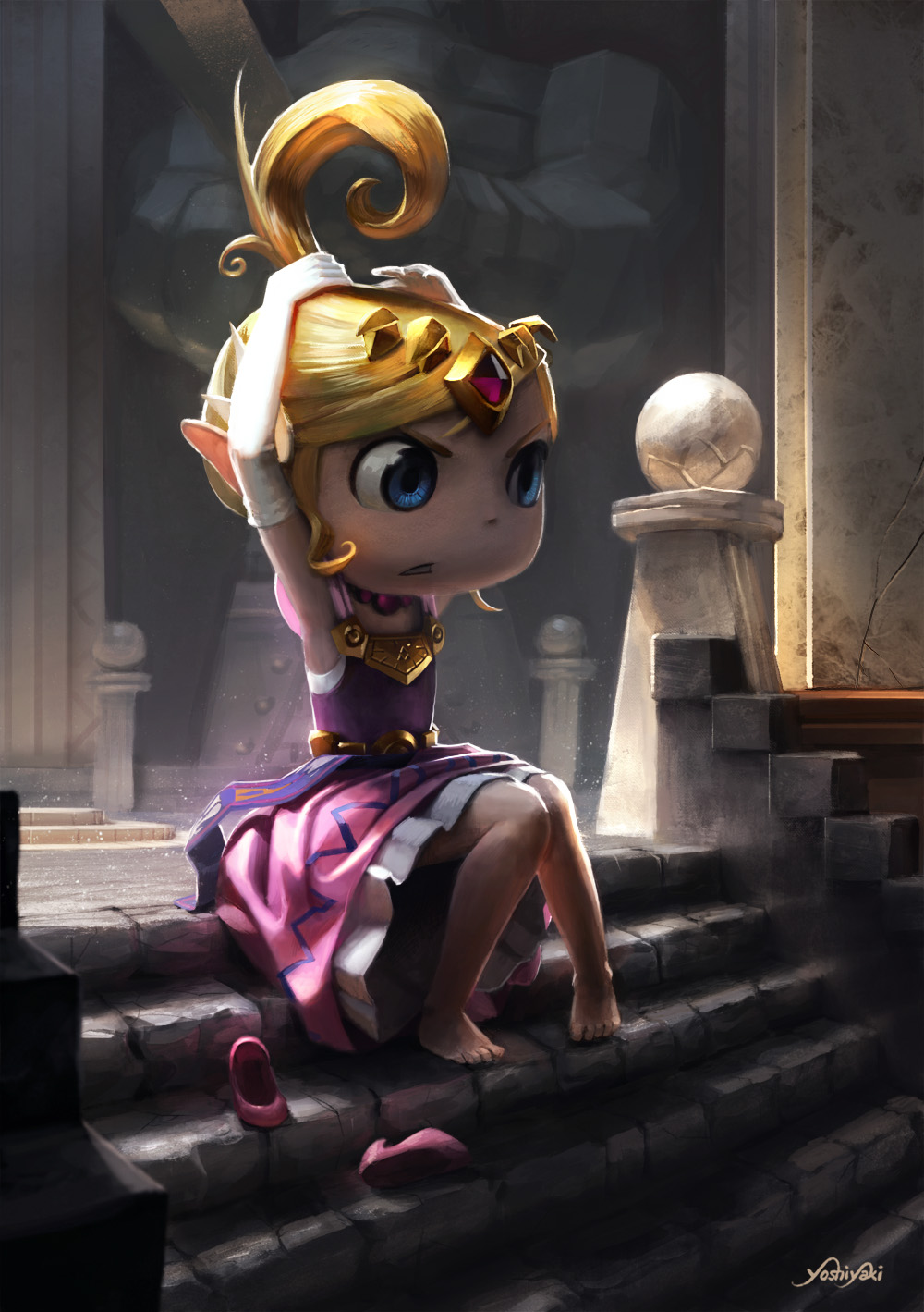 1girl, adjusting_hair, barefoot, blonde_hair, blue_eyes, cassio_yoshiyaki, dress, elbow_gloves