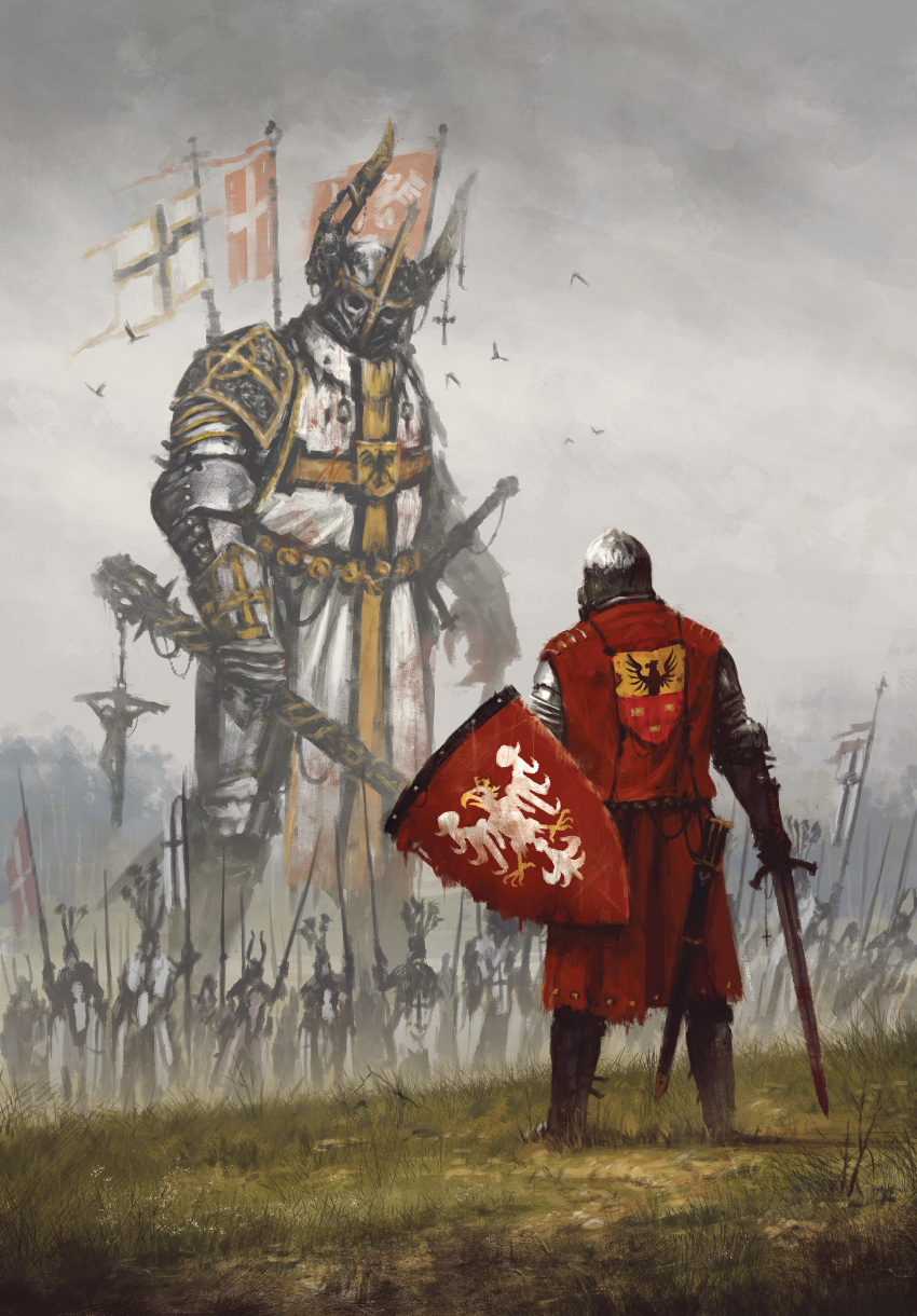 absurdres, armor, bird, commentary, cross, crucifix, eagle, field, full_armor, giant, helmet, highres, historical_event, horned_helmet, jakub_rozalski, knight, medieval, multiple_boys, original, painting, pike, poland, polish, scabbard, sheath, shield, surreal, sword, teutonic_knights, weapon