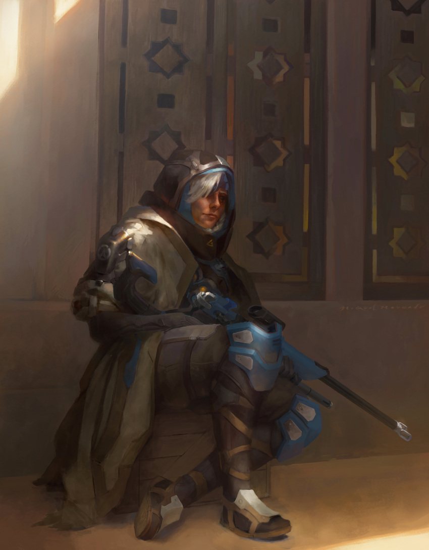 1girl, ana_(overwatch), boots, braid, brown_eyes, coat, commentary, dark_skin